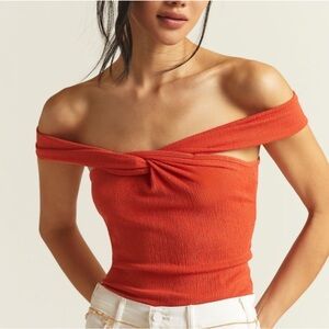 Anthropologie Maeve Off-The-Shoulder Twist Top in Coral